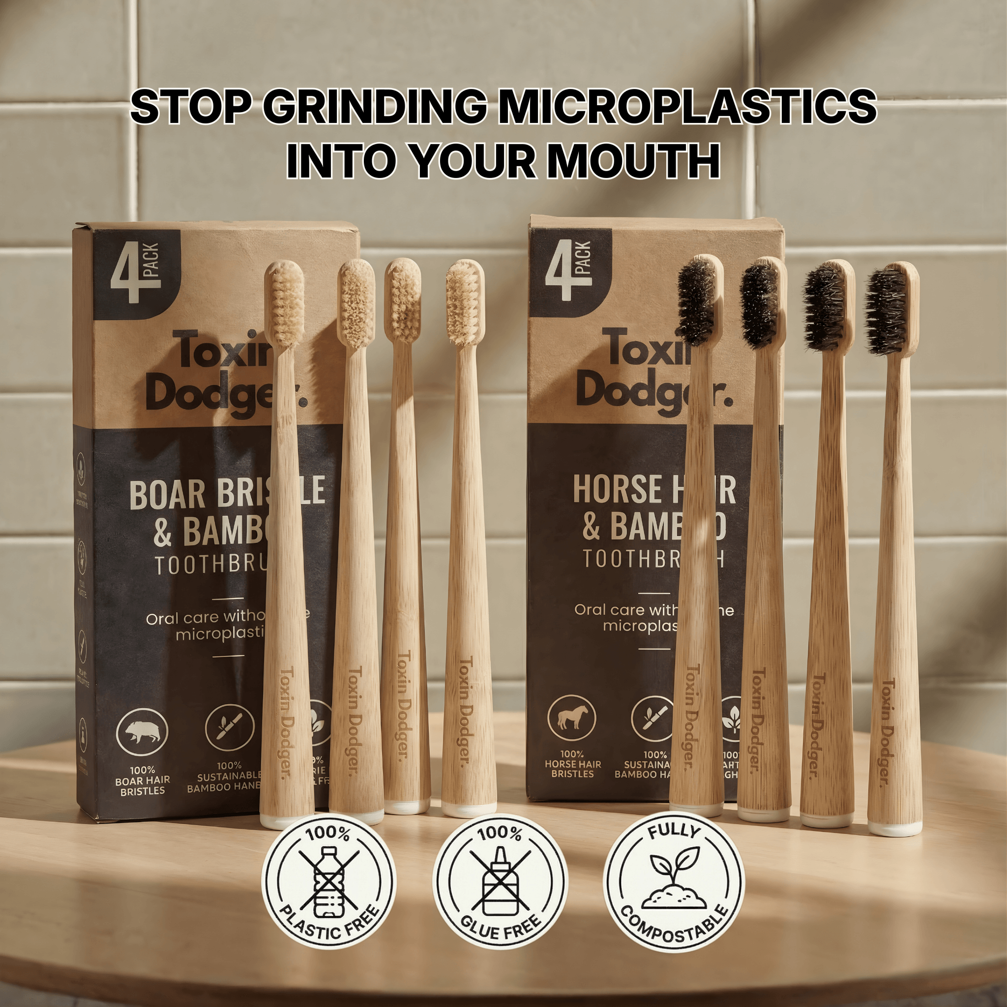 Boar Bristle Toothbrush (4 Pack) - boar or horse hair and bamboo