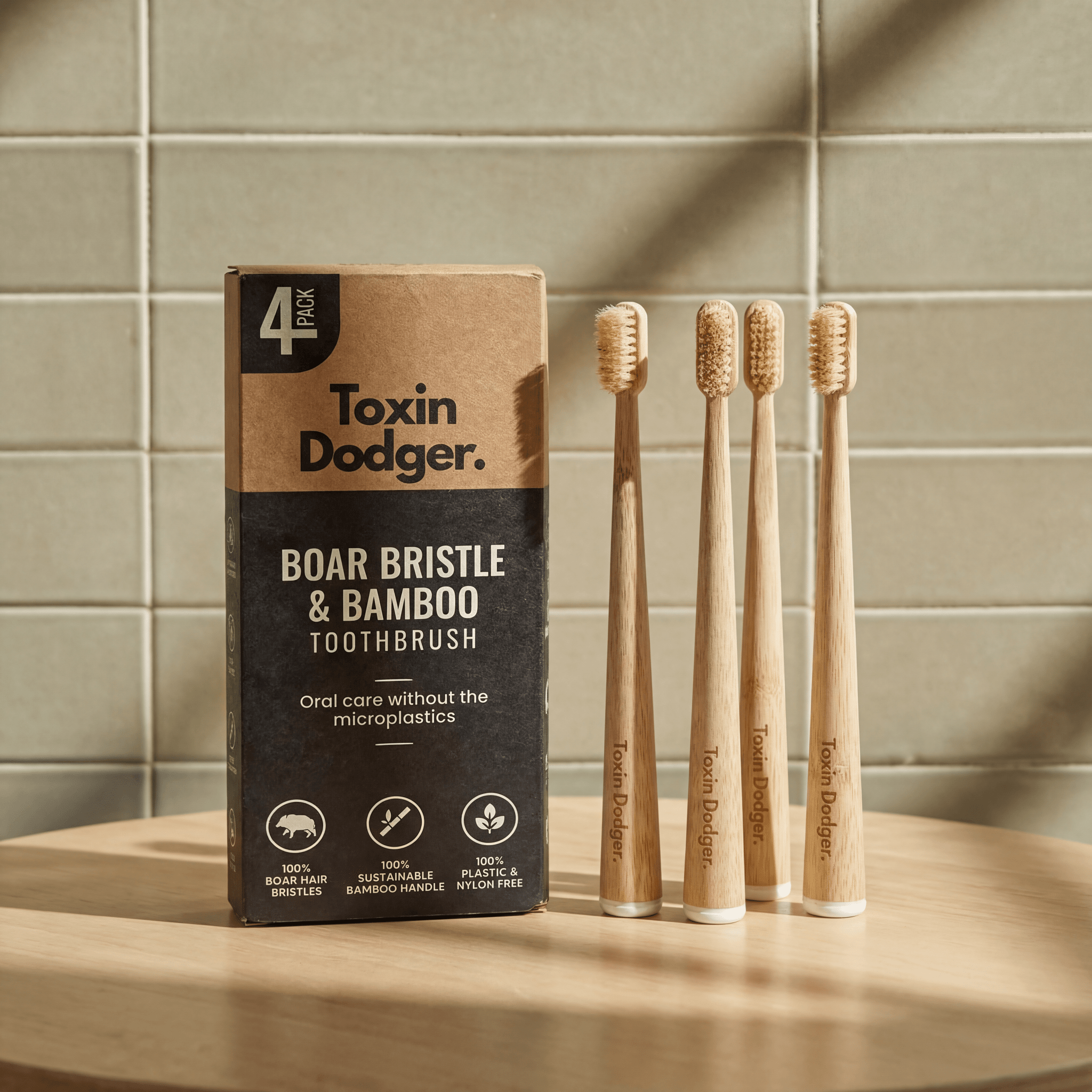 Boar Bristle Toothbrush (4 Pack) - boar or horse hair and bamboo